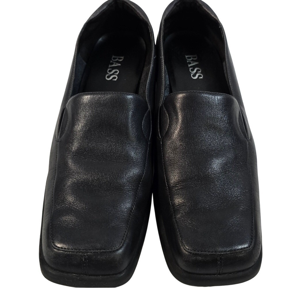 Bass Women Black Leather‎ Loafers Square Toe Slip On Low Block Heel Shoes